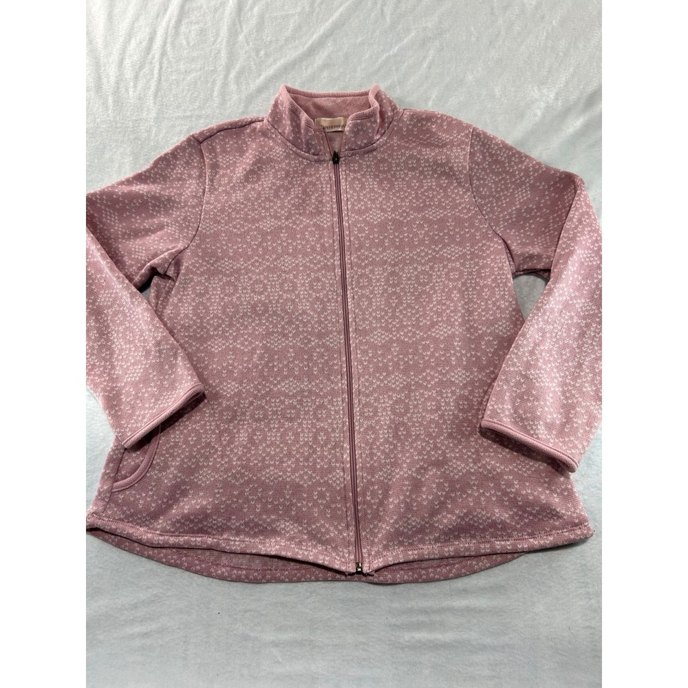 Stan Herman Pink Patterned Fleece Zip Up Jacket Mock Neck Women Large